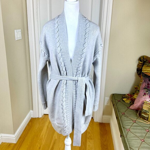 Magaschoni Sweater Cardigan Cashmere Long Line Belted Braid Detail Gray (S) - Picture 1 of 8
